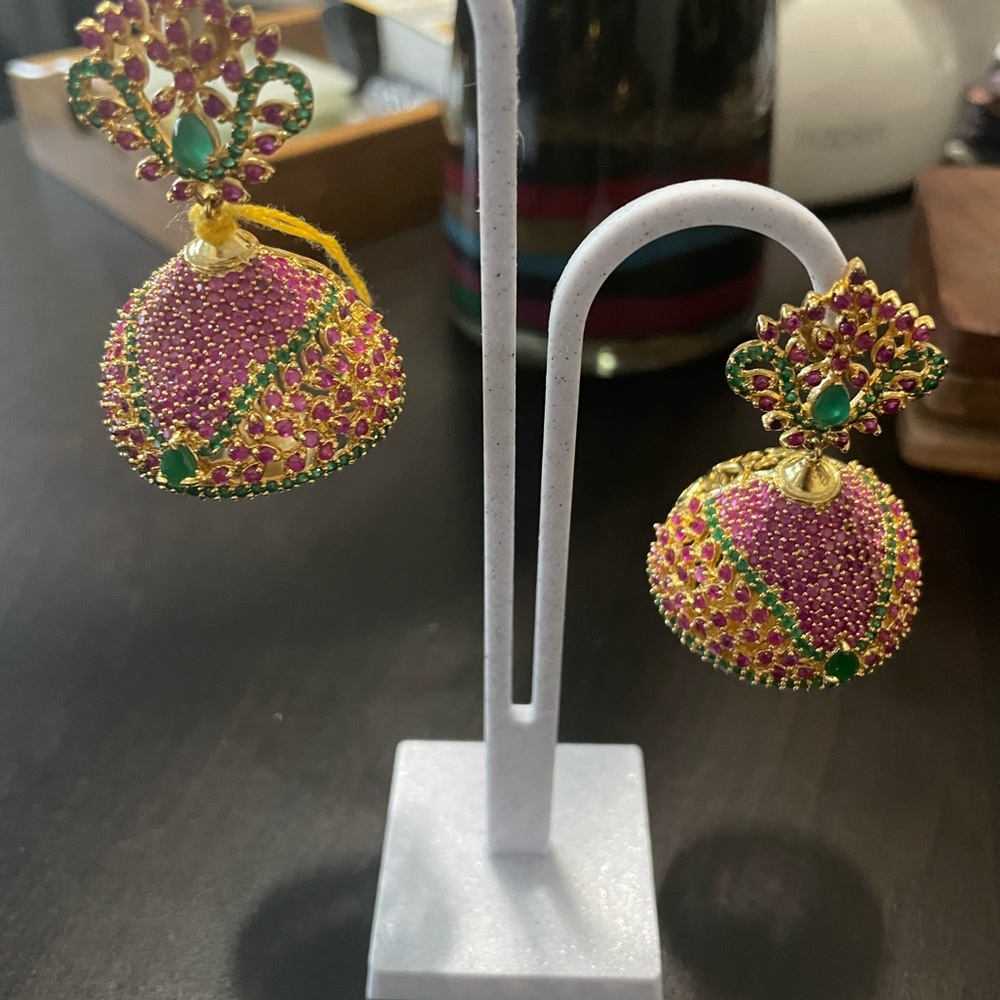 Pink and Gold Jhumka Earrings with Intricate Design